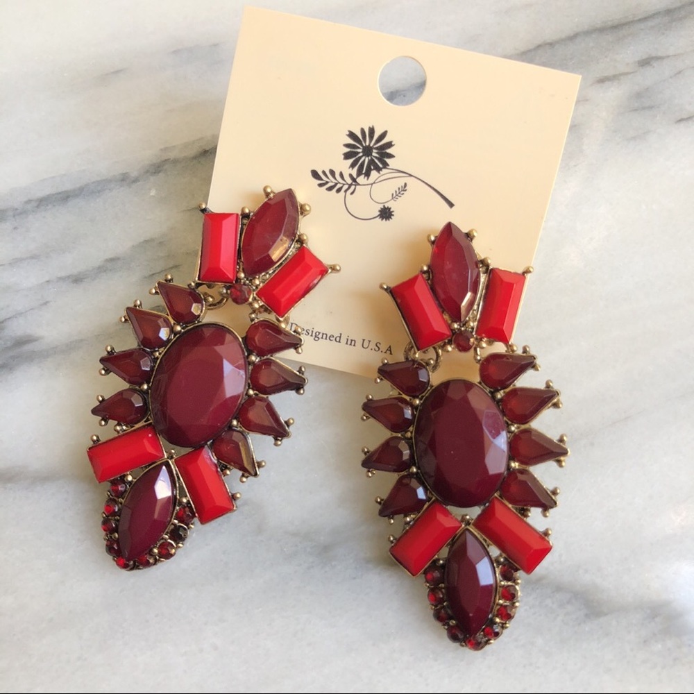 Red framed acrylic stone statement drop earrings - Picture 8 of 8